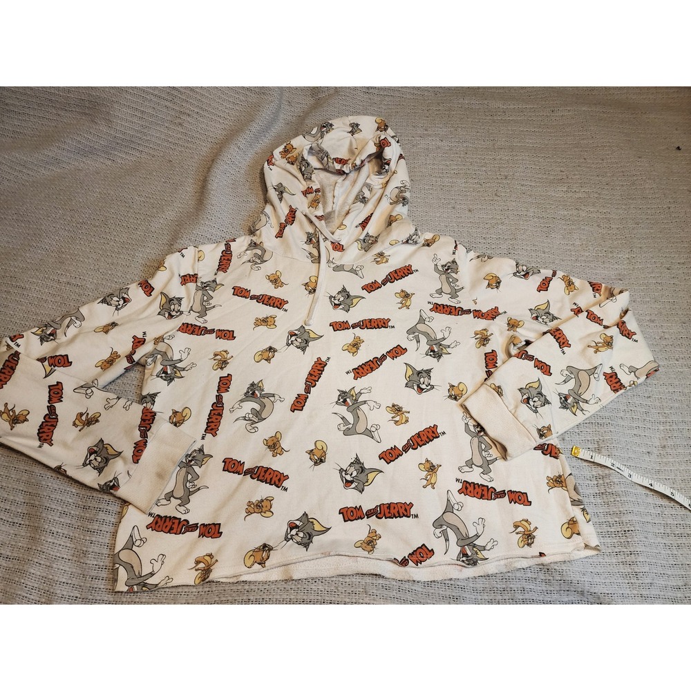 Tom and Jerry All Over Print Cropped Hoodie Cream Womens Large Carton Sweatshirt